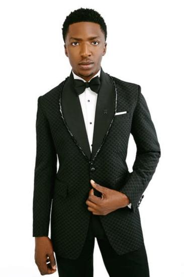 Jason Modern Slim Black Plaid Shawl Lapel Beading Two Pieces Prom Suits_2