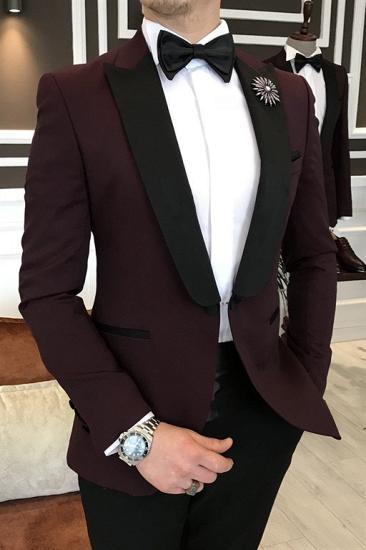 Jeffrey Burgundy Mixed Black Peaked Lapel One Button Men Formal Suit_3