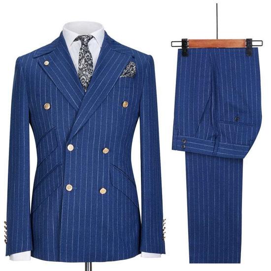 Medium Blue Peaked Lapel Collar Gold Button Double Breasted Striped Men Two Piece Suit_4