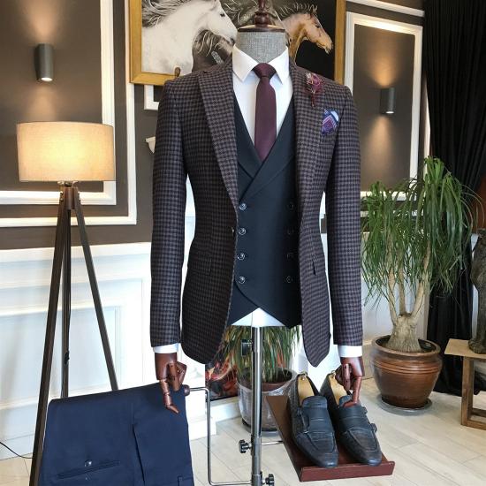 Craig Newest Plaid Peaked Lapel Three Pieces Business Men Suits With Black Vest_3