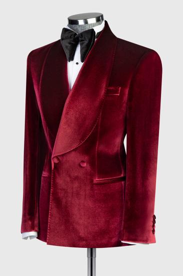 Fashion Slim Fit Burgundy Velvet Double Breasted Men's Two Piece Prom Suit_2