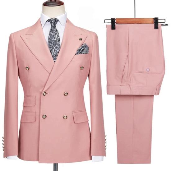 Pink Peaked Lapel Double Breasted Two Pieces Prom Suits_2