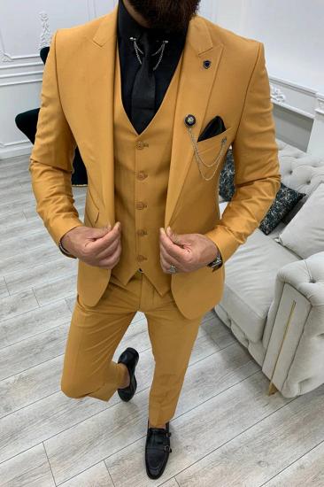 James Yellow Men's Peak Collar Three-Piece Slim Suit_2