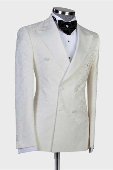 Mekhi White Jacquard Double Breasted Point Lapel Mens Wedding Suit_2