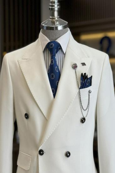 Brady White Double Breasted Peak Collar Slim Fit Men Two Piece Wedding Tuxedo_4