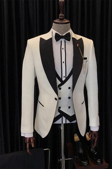 Anthony Stylish White Three Piece Wedding Mens Suit with Black Point Lapel