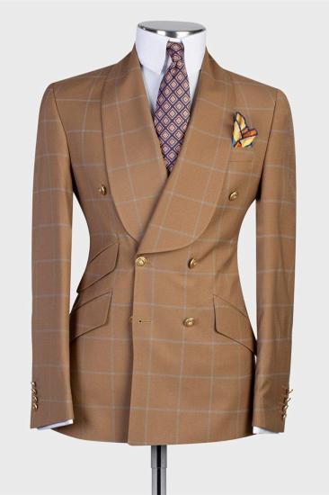 Shawl Lapel Check Double Breasted Men's Suit_1