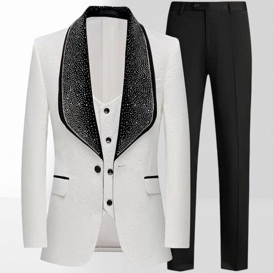 Men's White 3-Piece Jacquard Suit with Rhinestone Shawl Lapel Prom Tuxedo for Weddings & Formal Events_2