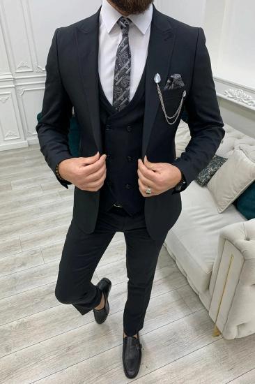 Brady Black Mens Peak Collar Three Piece Slim Fit Wedding Suit_2