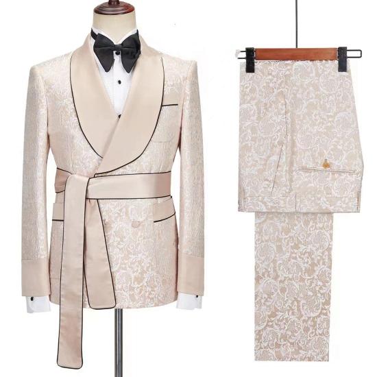 Elegant Beige Men Robe Set Shawl Collar Two Piece Set | Belted Party Suit_2