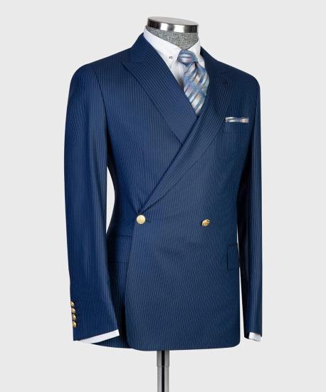 Navy Point Collar Double Breasted Two-Piece Men's Suit_3