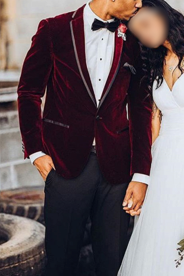 Benjamin Burgundy Velvet One Button Men Wedding Groom Suit