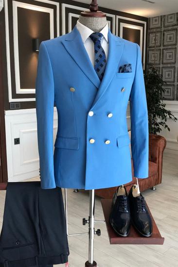 Solomon Solid Blue Pointed Lapel Double Breasted Business Mens Suit_1