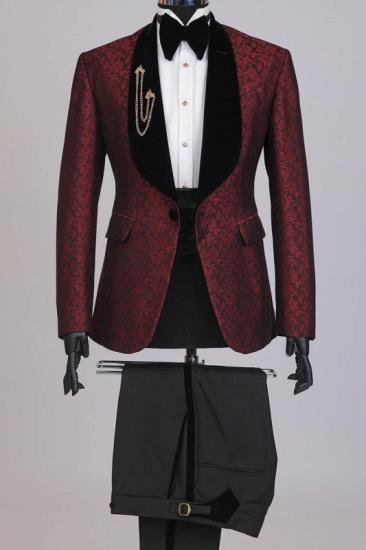 Burgundy Jacquard Shawl Lapel Wedding Suits For Men_1