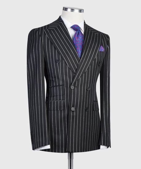 Modern Black Stripe Double Breasted Point Collar Business Men Suits_3