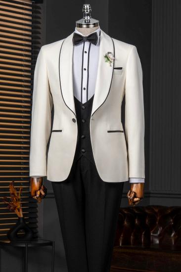 Classic Shawl Lapel Three Piece White Wedding Suit with Black Waistcoat Pants