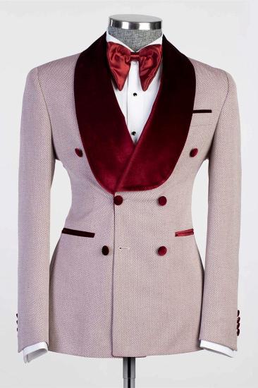 New Double Breasted Fashion Prom Suit With Wine Red Shawl Lapel_1