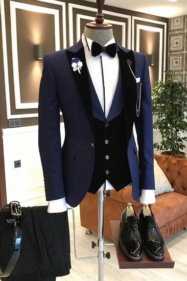 Karter Dark Navy Fashion Point Lapel Men Suit With Velvet Lapel_2