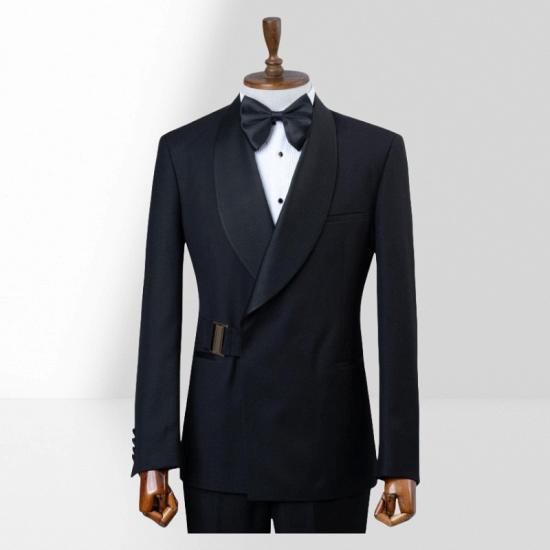 Stylish Black Shawl Collar Two Piece Suit | With Adjustable Metal Buttons_2