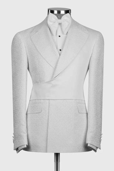 Brady Slim Fancy White Jacquard Notched Lapel Prom Suits With White Crossover Satin Panel