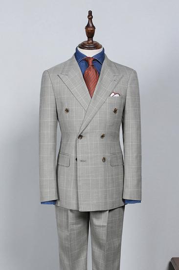 Roy Stylish Grey Plaid Double Breasted Custom Business Suit_2