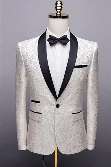 White Jacquard One Button Wedding Tuexdos | Black Shawl Lapel Mens Suit (Jacket Pants)_2