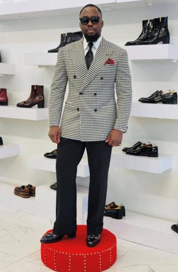 Men Black White Houndstooth Double Breasted Blazer Custom Slim Fit Formal Suit Jacket For Wedding Business Prom_1