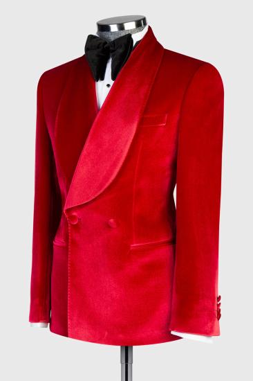 Fashion Slim Fit Red Velvet Double Breasted Men's Two Piece Prom Suit_2