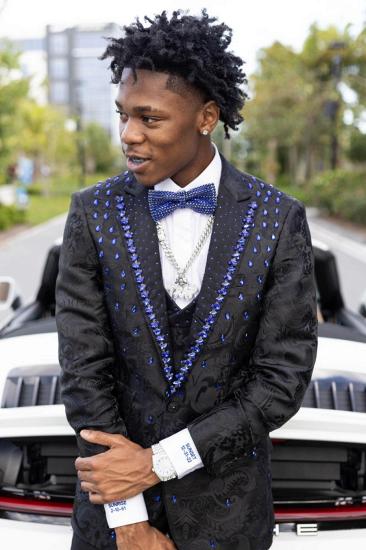 Justin Stylish Black Jacquard Peaked Lapel 3-Piece Beaded Prom Suit | Bradymensuit_5