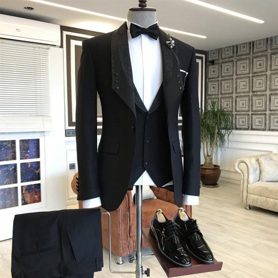 Felix Three Piece All Black Shawl Lapel One Button Groom Wedding Suit_2