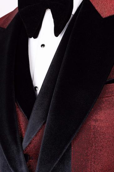 Red Jacquard Wedding Suit with Black Velvet Groom Three Piece Suit_4