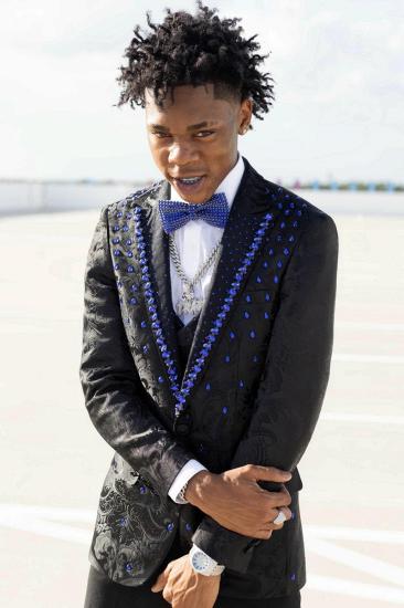Justin Stylish Black Jacquard Peaked Lapel 3-Piece Beaded Prom Suit | Bradymensuit_4