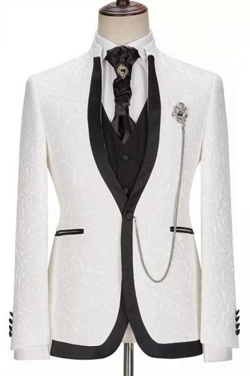 White Jacquard One Button Three-piece Slim Wedding Suit_1