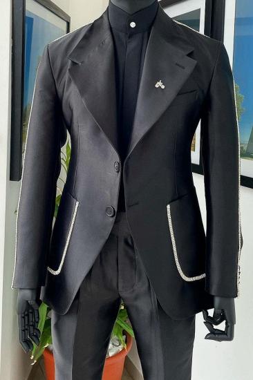 Brady Fashion Black Wide Lapel Patch Pockets Two Piece Men's Suit with White Seam Edges_2