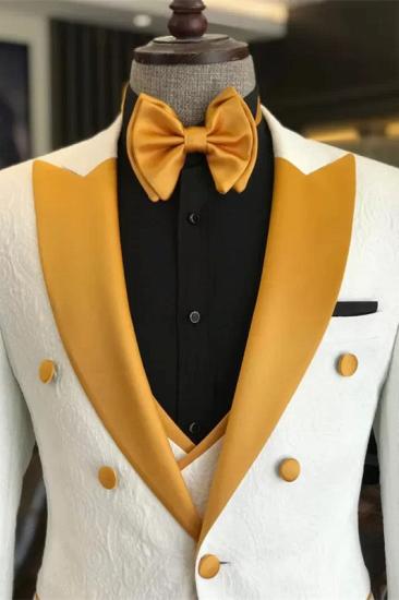 Brady Charming White Three Pieces Prom Suits White Gold Peaked Lapel_2