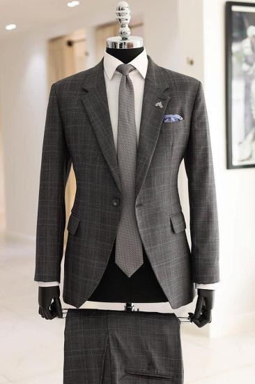 Dark Grey Open Collar Slim Fit Checkered Mens Two Piece Business Suit_1