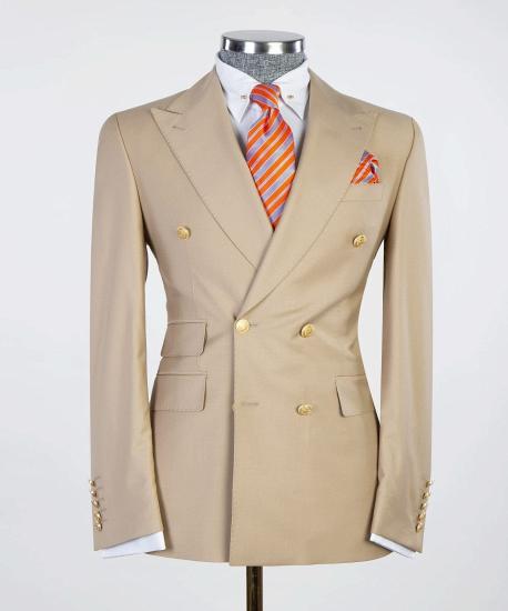 Khaki Double Breasted Point Collar Men Business Suit_4