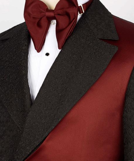 Slim Black Jacquard Notched Lapel Prom Suits With Red Crossover Satin Panel_2