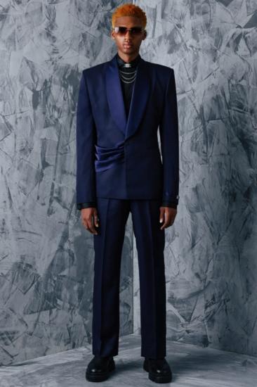 Brady Navy Two Piece Prom Suits With Velvet Shawl Lapel And Sash_1