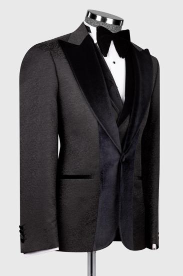 Black Jacquard Wedding Suit with Black Peak Collar Velvet Groom Three Piece Suit_3