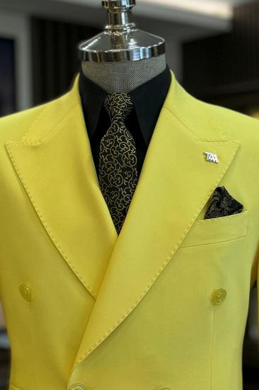 Brady Yellow Double Breasted Peak Collar Slim Fit Mens Two Piece Prom Tuxedo_4