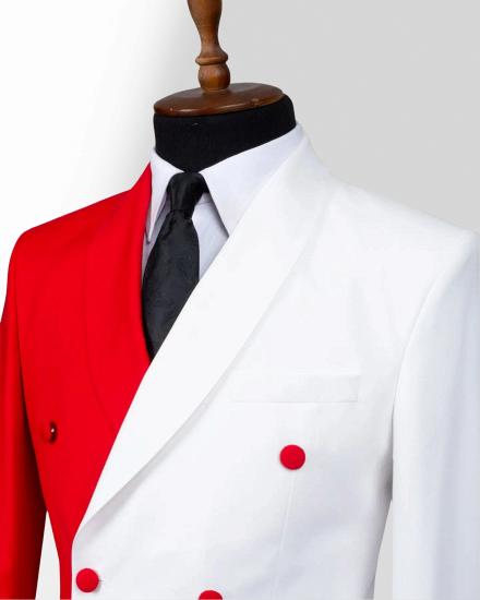 Red And White Double Breasted Shawl Collar Slim Mens Two Piece Suit_2
