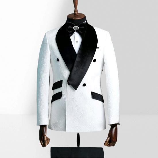 White Jacquard Men Two Piece Groom Suit | With Black Velvet Collar_2