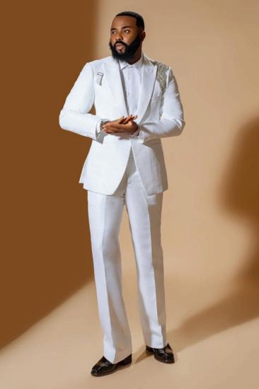 Classic Gentle White Peaked Lapel One Button Appliques Prom Suits_1