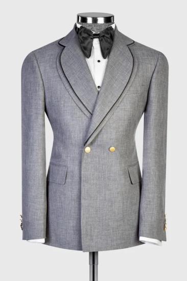Men Grey Double Breasted Two Piece Suit Black Trim Lapel Gold Buttons Formal Wedding Suit