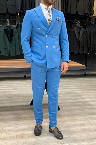 Blue Slim Fit Wool Men Double Breasted Two Piece Wedding Suit | Metal Buttons With Silk Lining_7
