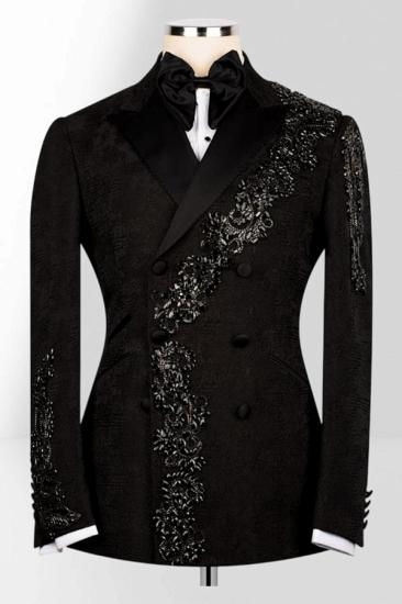 Men's Black Double-Breasted Tuxedo with Beaded Embroidery Prom Suit | Bradymensuit