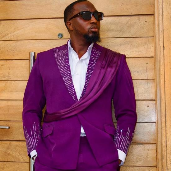 Brady Fancy Purple Peaked Lapel Prom Suit with Long Sash & Crystals_2