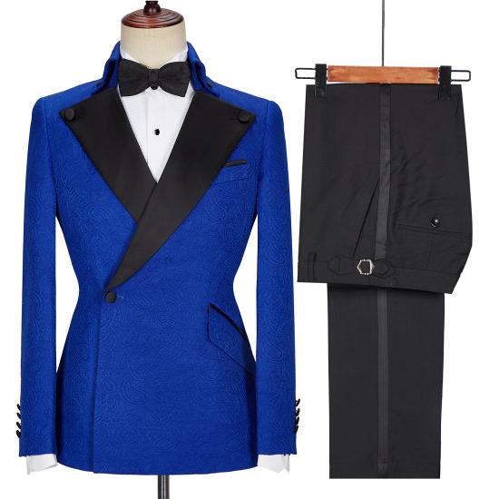 Dean Fashion New Royal Blue Jacquard Black Lapel Wedding Suit_5