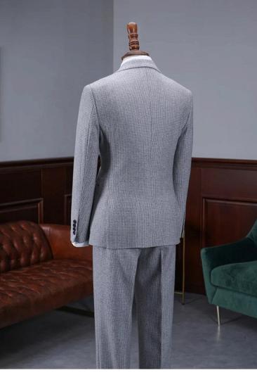 Stylish Grey Houndstooth Peak Lapel Single Breasted Mens Business Suit_3